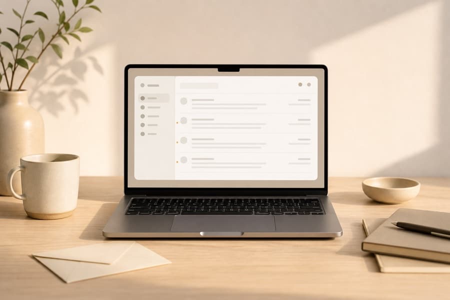 A laptop showing an email inbox beside an envelope on a warm desk.