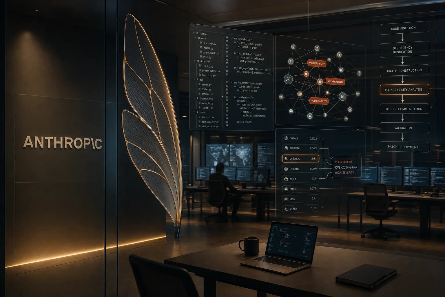 Anthropic-branded cybersecurity operations room with AI vulnerability analysis and patch workflow panels.