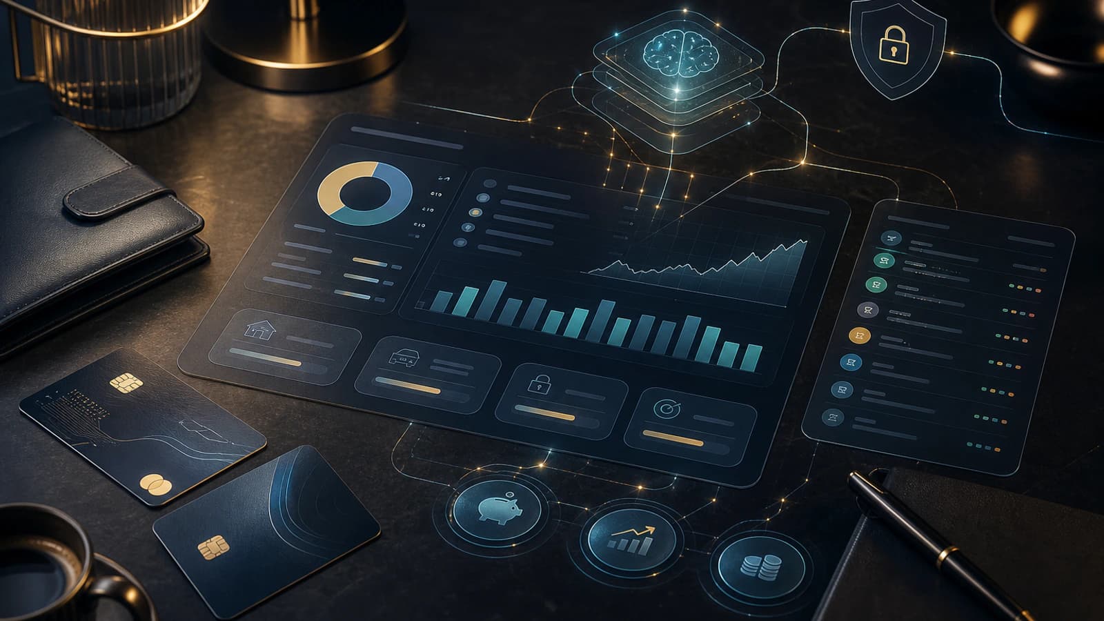 Abstract secure finance dashboard with transaction streams, savings goals and an AI reasoning layer connected by encrypted glowing lines.