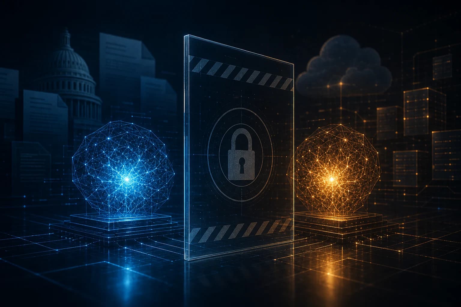 Abstract illustration of two AI model cores behind a compliance barrier, representing the Claude Fable 5 and Mythos 5 access suspension after a US government directive.