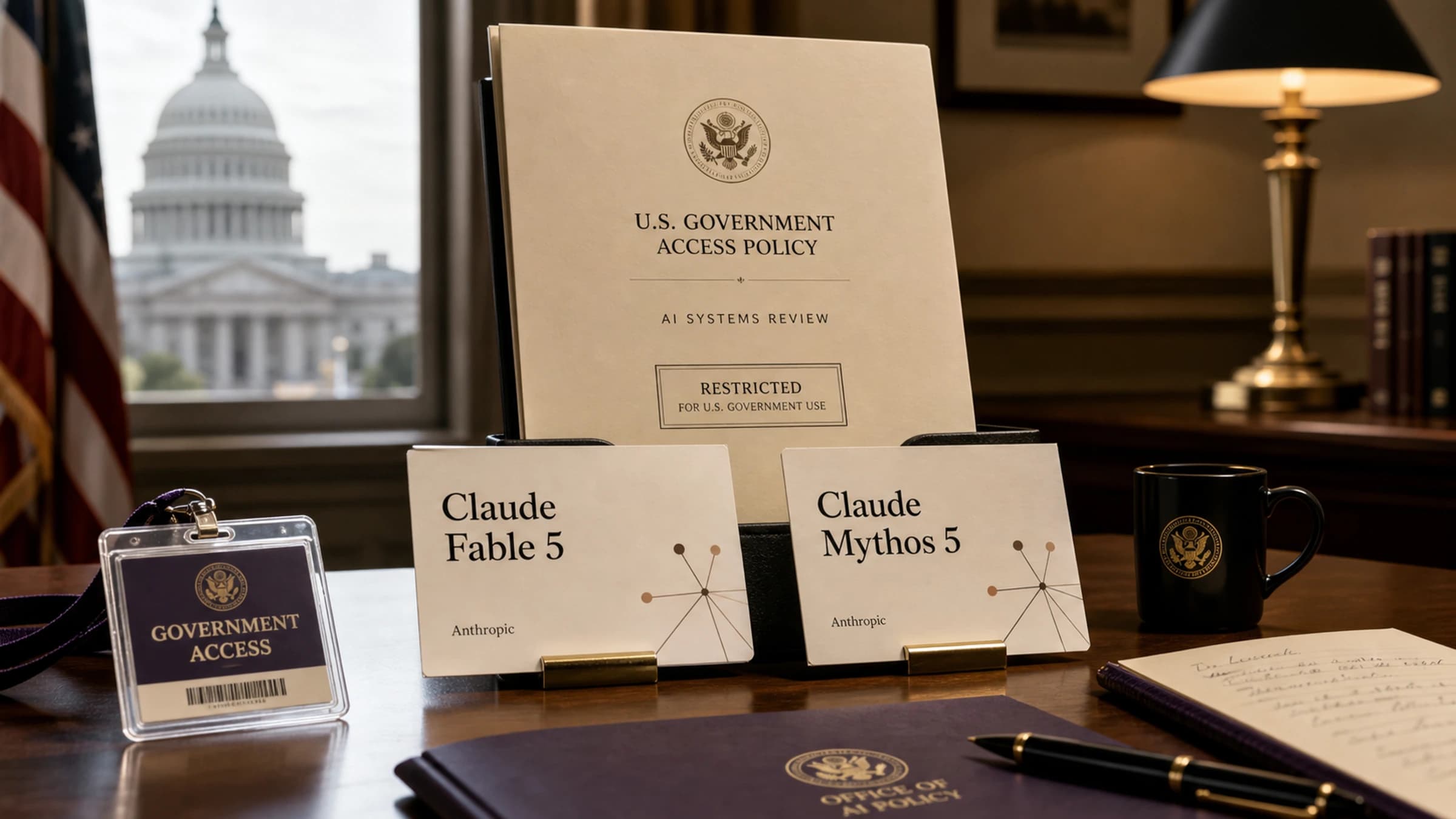 Sober editorial policy desk with Claude model cards, access badge and US government briefing context.