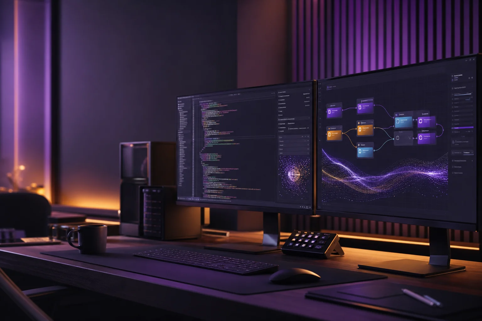 Abstract AI developer workstation with connected agent workflow nodes, representing Claude Opus 4.8 and agentic coding workflows.