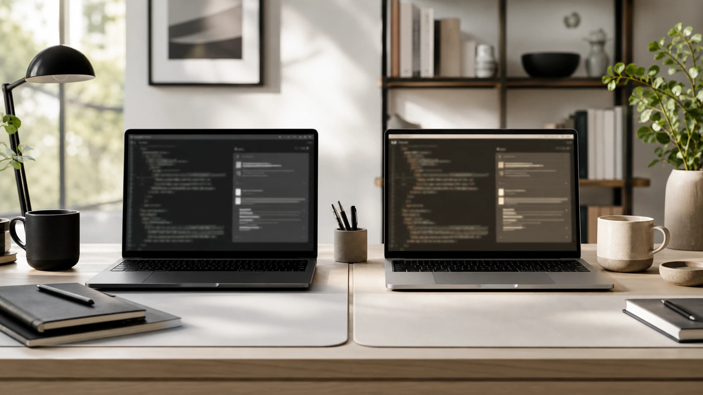 Premium developer comparison scene contrasting Codex and Claude Code workflows on a refined dual-workstation desk.