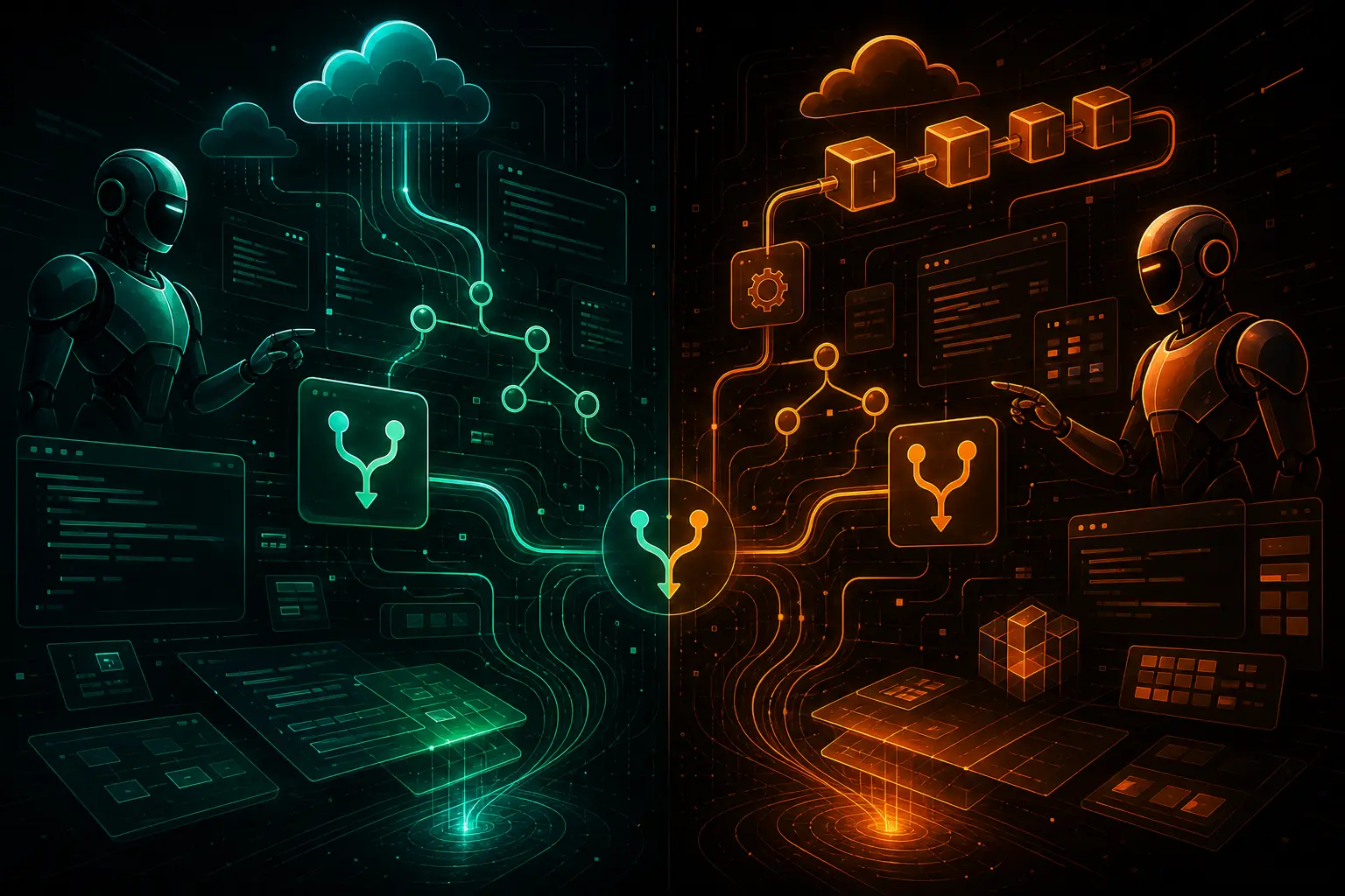 Abstract comparison of two AI coding agent workflows across terminal, cloud and GitHub review surfaces.