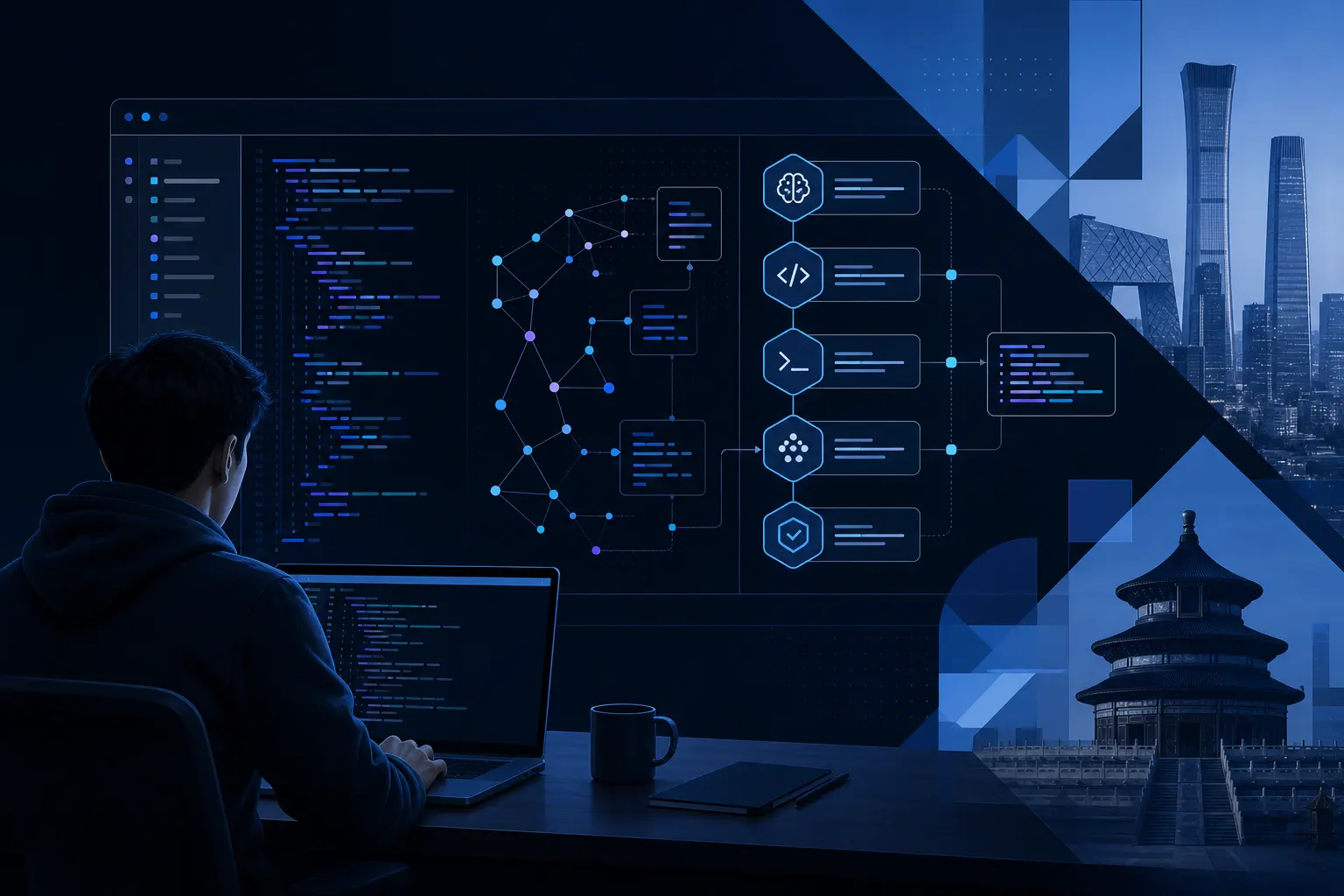 Abstract coding-agent workflow showing DeepSeek moving into developer tools