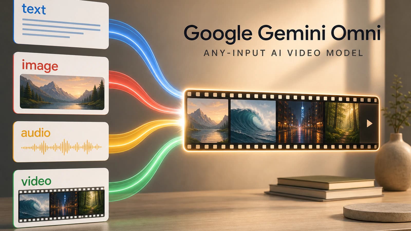 Abstract AI video timeline showing text, image, audio and video inputs converging into one generated film strip.