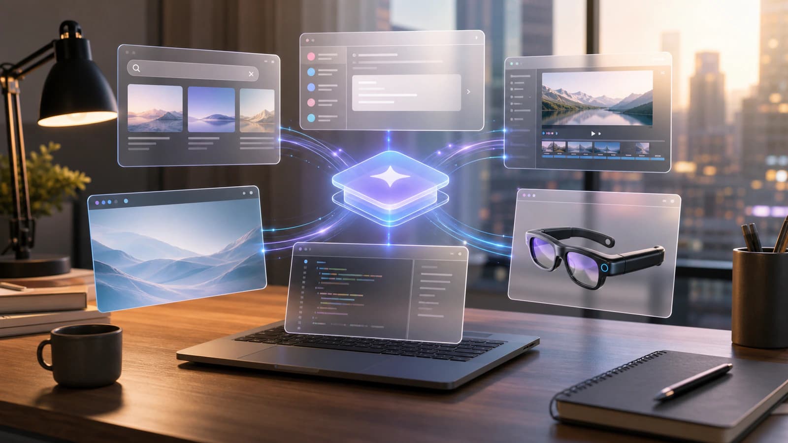 Editorial image of Gemini-style agent workflows connecting Search, Workspace, video, browser, developer and smart glasses surfaces