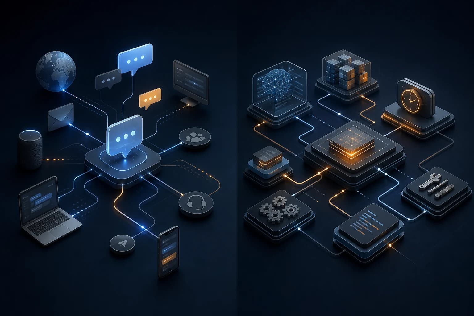 Abstract comparison of a messaging gateway network beside a modular AI workflow system with memory, scheduling and tool nodes.
