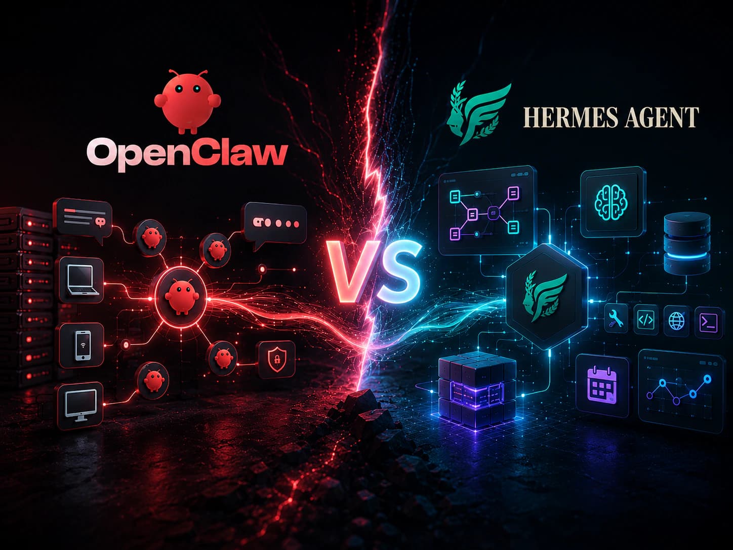 OpenClaw versus Hermes Agent comparison graphic showing red gateway nodes against blue workflow automation tools.