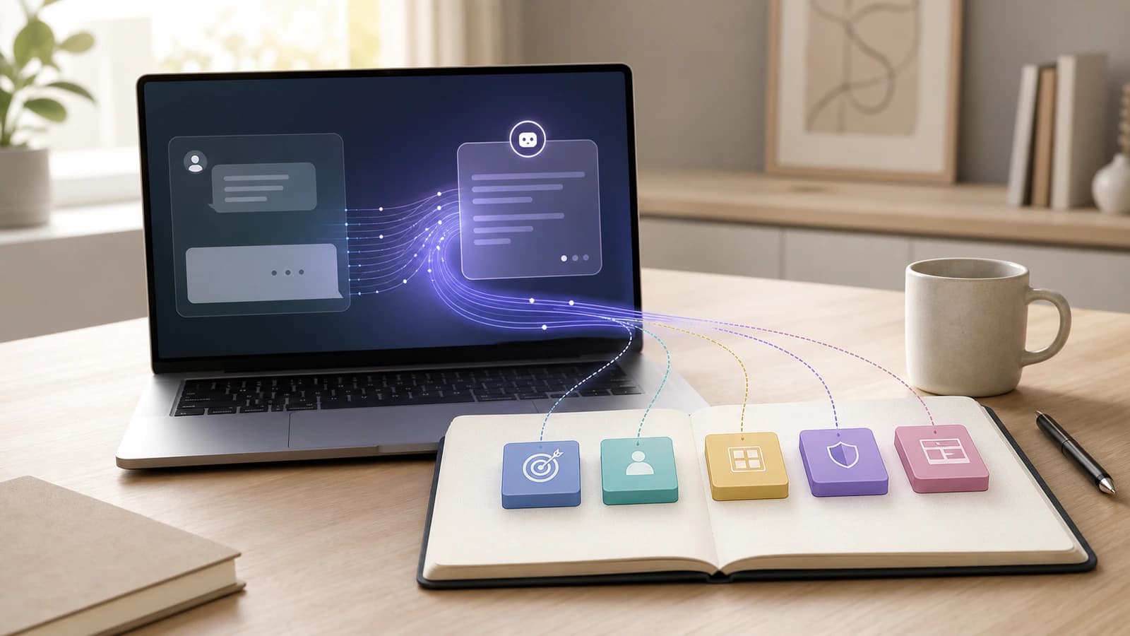 A clean editorial scene showing an AI prompt as a structured brief flowing into an assistant response.