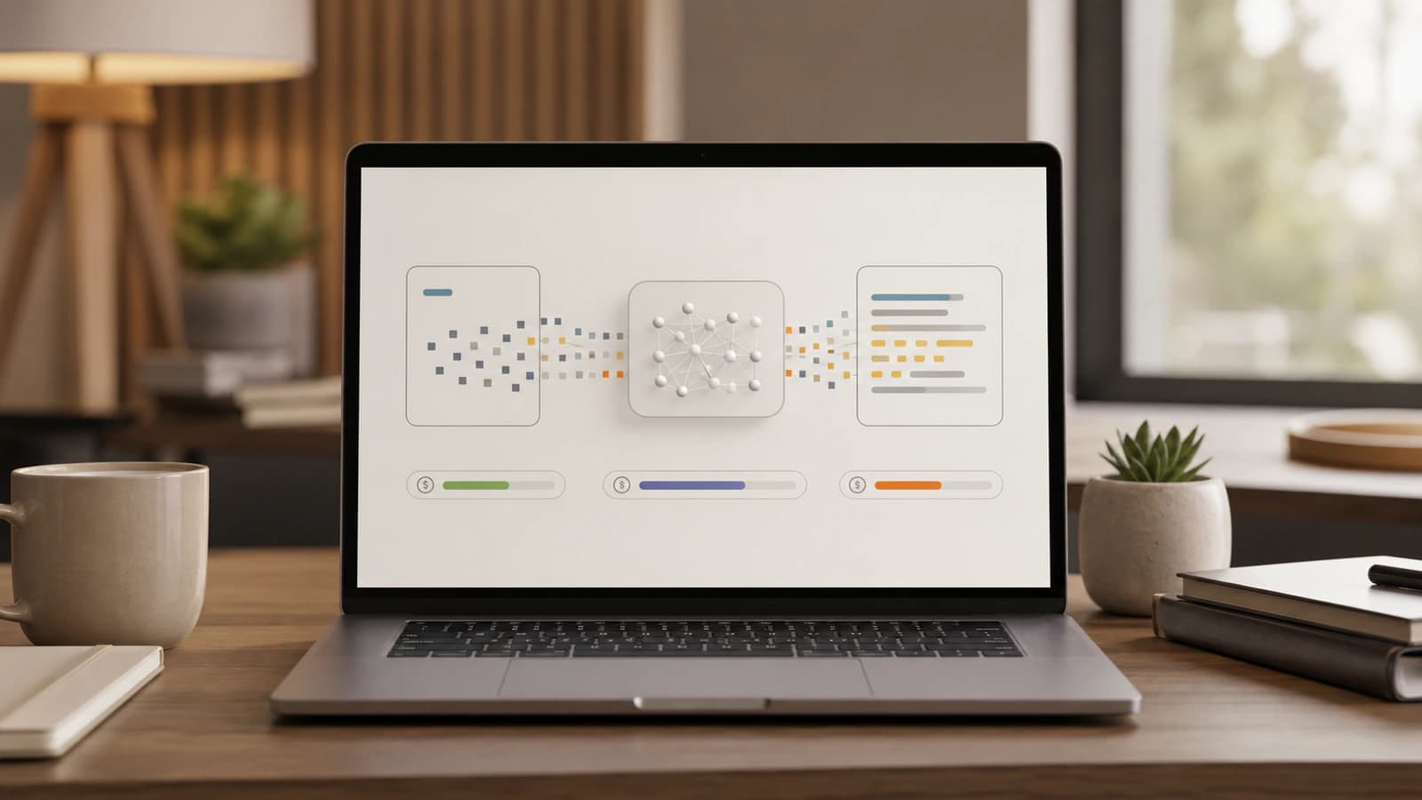 A clean laptop interface showing abstract AI token blocks flowing from prompt input to model output.