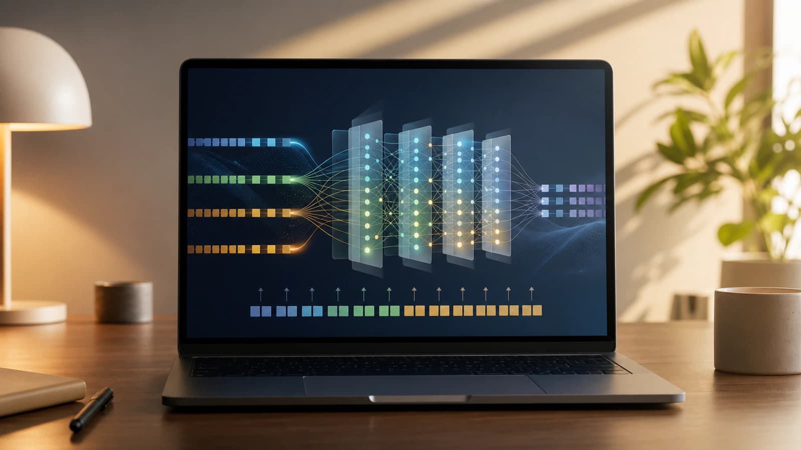 A clean laptop-style interface showing abstract token streams passing through layered transformer attention blocks.