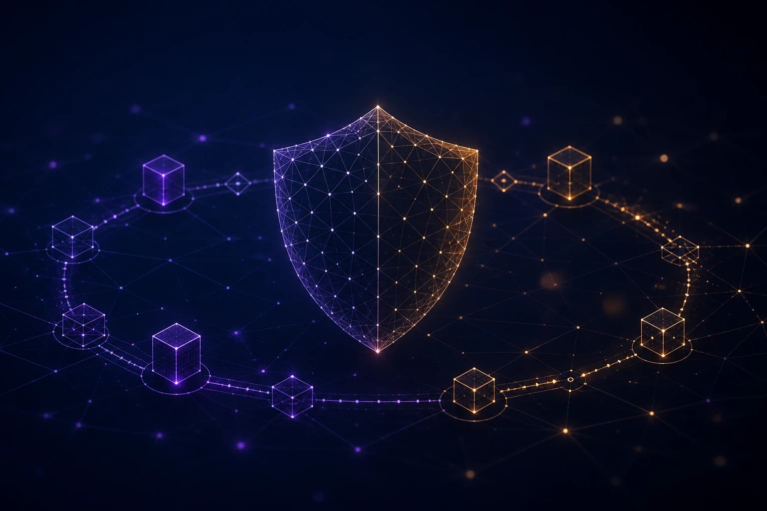 Abstract cybersecurity shield formed from network nodes over a secure software graph.