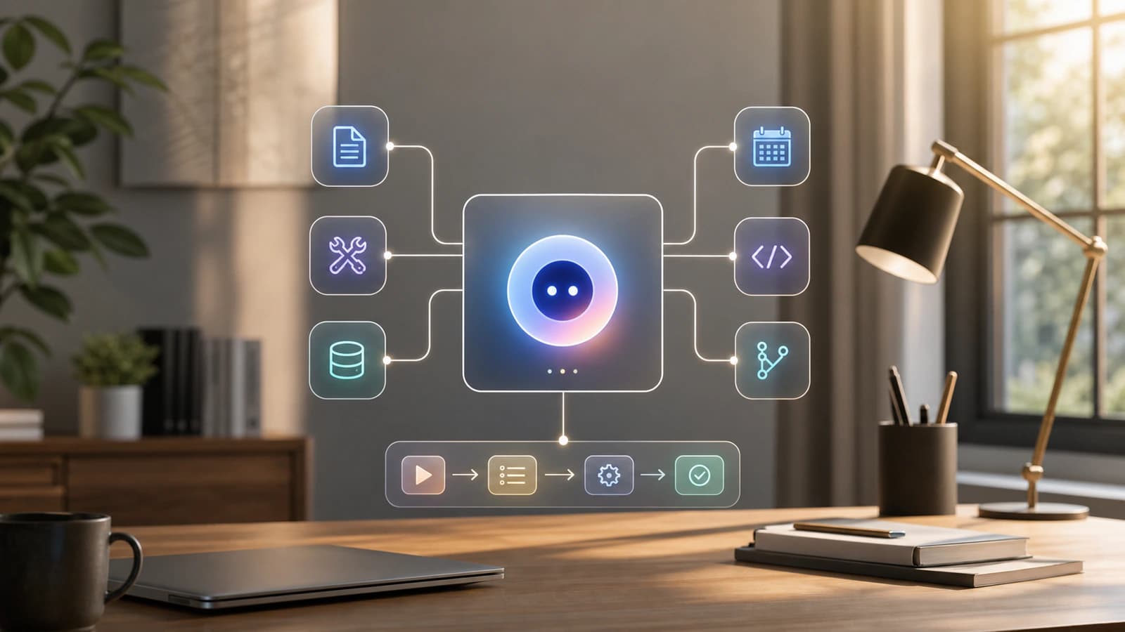 A premium editorial workspace showing an AI assistant connected to tools, files, data sources and workflows.