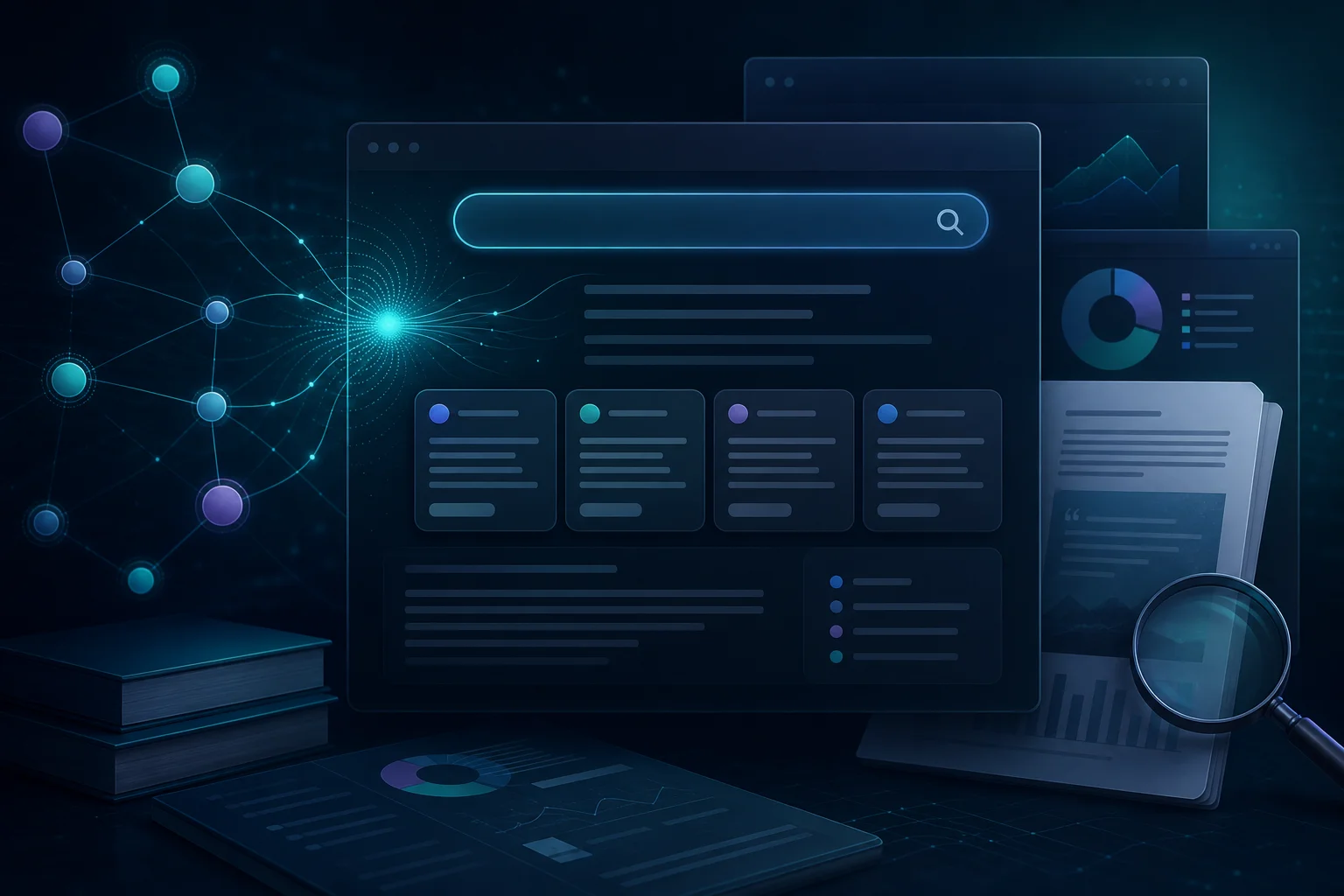 Abstract AI answer engine interface with citation cards and connected source nodes