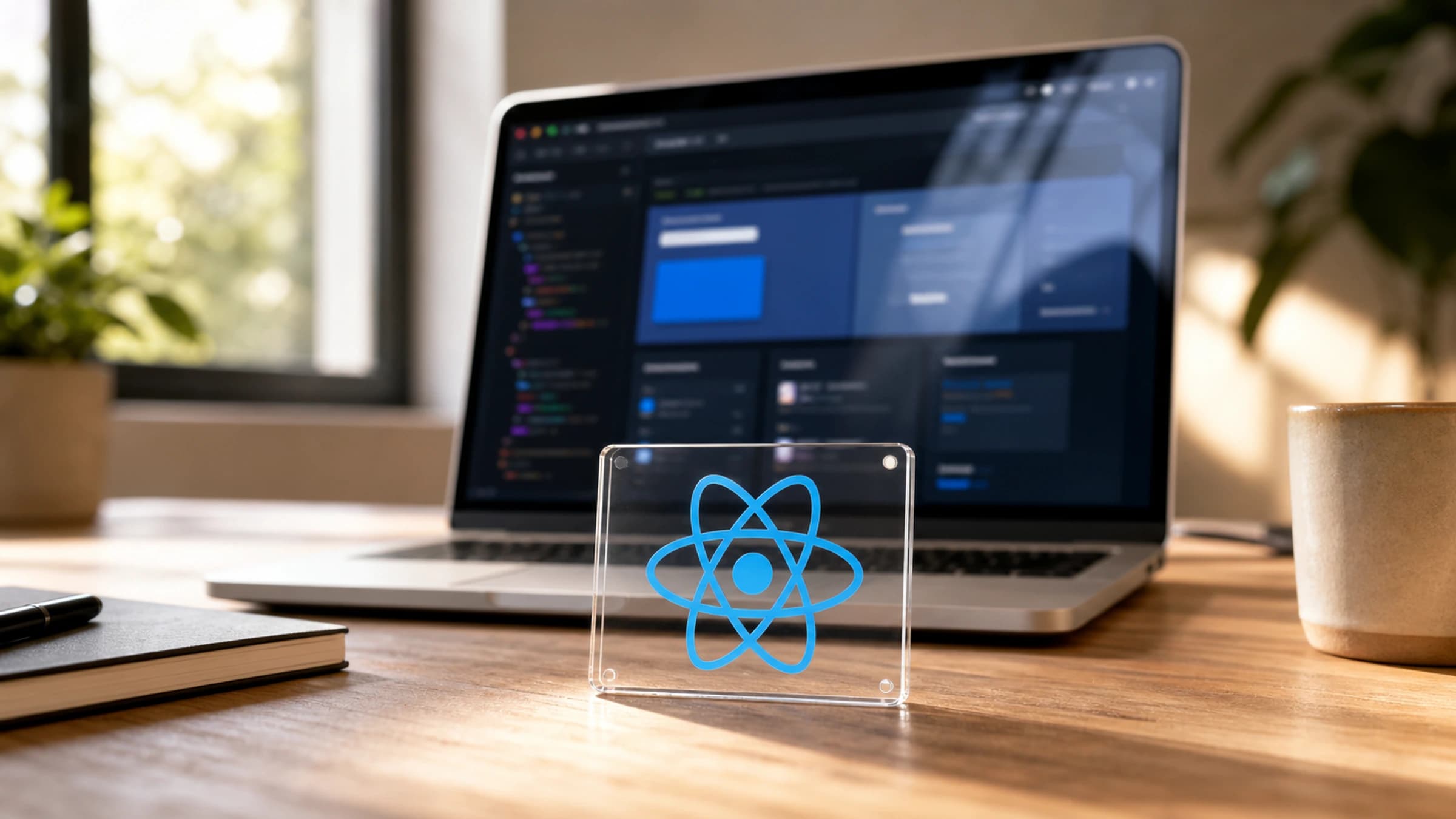 Professional editorial React developer workstation with a React brand cue and component-development context.