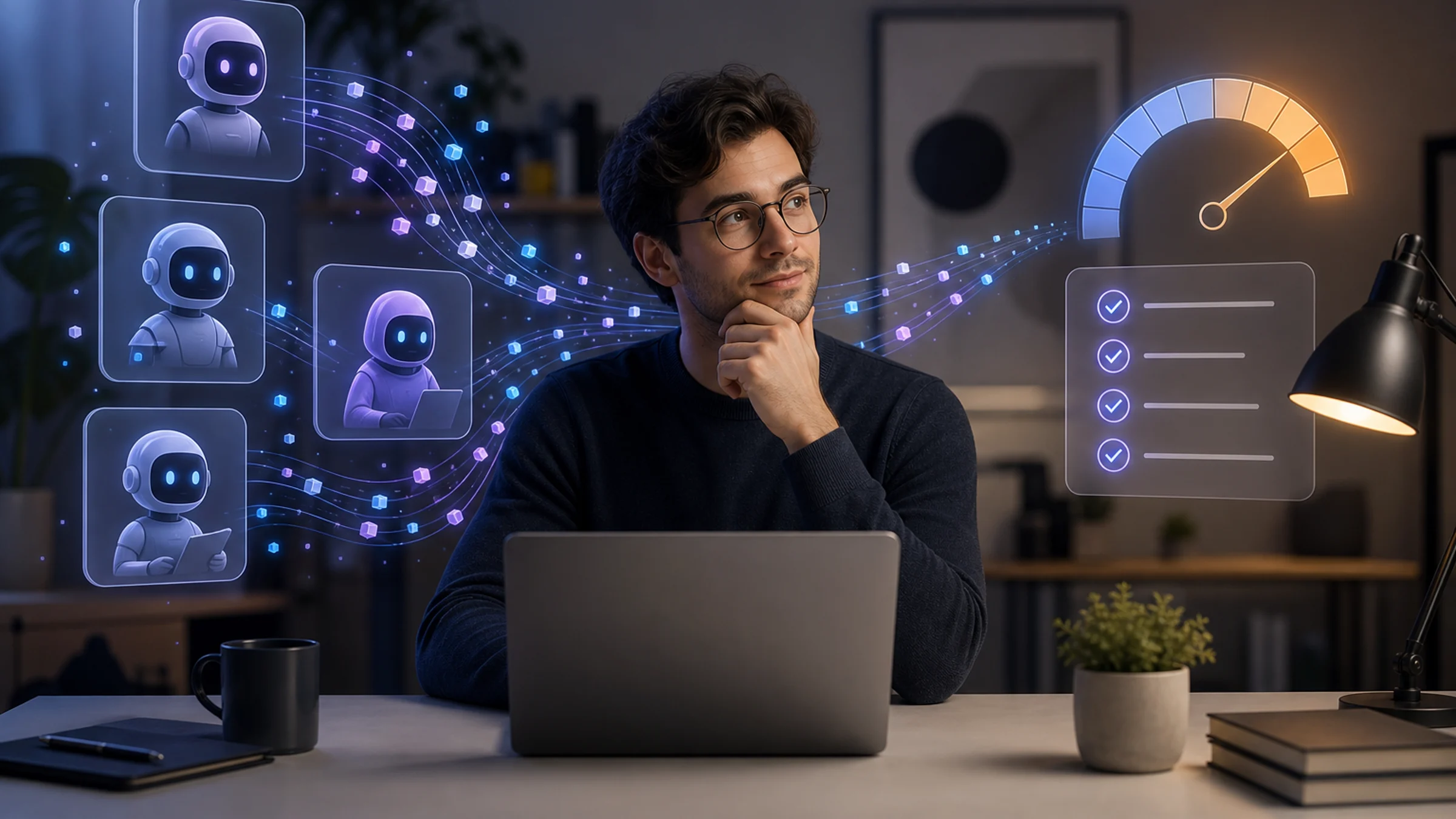 A knowledge worker at a laptop surrounded by AI agent panels, glowing token streams, a cost meter and an outcomes checklist.