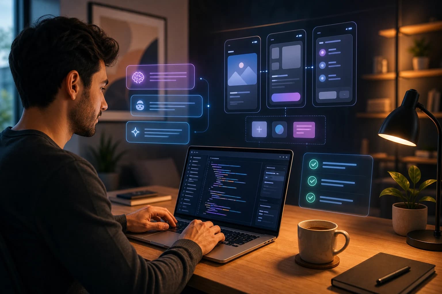 Editorial illustration of a creator using AI prompts to generate an app prototype, with code blocks, prompt bubbles and test checkmarks.