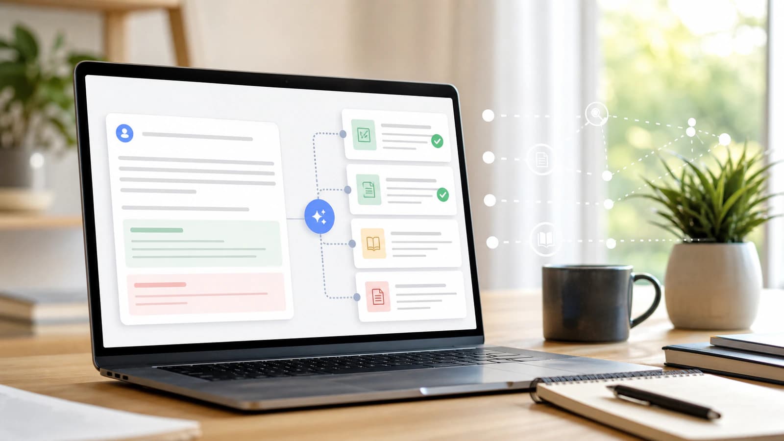 A modern workspace showing an abstract AI answer being checked against evidence and source cards.